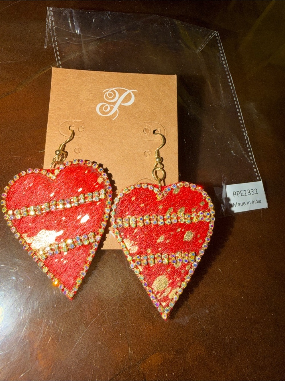 Plunder Red Heart Rhinestone Stripe Drop Earrings